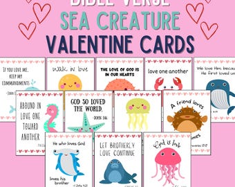 Tarjetas de San Valentín con criaturas marinas / Versículos bíblicos imprimibles (Descarga digital)