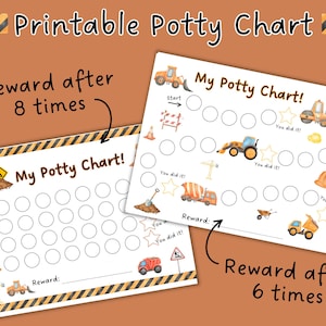 May include: Two printable potty charts with construction-themed illustrations. The charts feature construction vehicles, stars, and the text "My Potty Chart!" and "Reward after 8 times" and "Reward after 6 times". The background is a warm brown.
