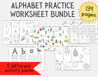 Bundel met oefenwerkbladen alfabet | ABC Lezen Schrijven | Kinderen leren kleurplaten | Afdrukbaar thuisonderwijs | Educatief activiteitenpakket