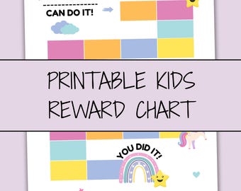 May include: Printable kids reward chart with colorful blocks, stars, and a rainbow. The chart includes the phrases "Can Do It!" and "You Did It!" in a playful font. A space for rewards is also included.