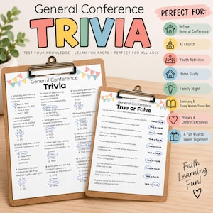 Op de afbeelding: Twee klemborden met geprinte General Conference trivia en waar of niet waar vragen. De pagina's bevatten kleurrijke vlaggetjes en blauw omcirkelde antwoorden. De tekst bovenaan luidt General Conference TRIVIA, met een lijst categorieën.