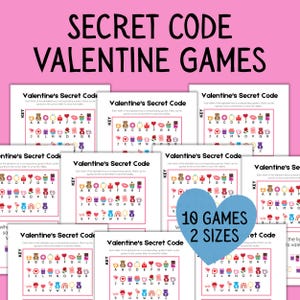 Könnte beinhalten: Eine Sammlung von Valentinstag-Geheimcode-Spielen. Das Bild zeigt mehrere bedruckte Blätter mit einem Schlüssel und Symbolen, die zum Lösen von Rätseln dienen. Der Text auf dem Bild lautet "SECRET CODE VALENTINE GAMES" und "10 GAMES 2 SIZES".