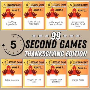 May include: Thanksgiving-themed game with cards featuring a cartoon turkey and text prompts. The game is titled "5 Second Games Thanksgiving Edition." Cards include prompts like "stuffing ingredients" and "table manners."