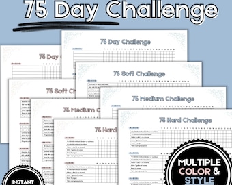 Printable 75 Day Challenge Tracker Bundle | 75 Hard, Medium, Soft | Habit & Fitness Tracker | Pink and Blue, Pre-filled and Blank Options |