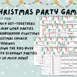 Puede incluir: Un collage de juegos de fiesta de Navidad imprimibles con un esquema de color azul verdoso y rosa. Los juegos incluyen "Nombra la pel&iacute;cula navide&ntilde;a", "Navidad de la A a la Z", "&iquest;Preferir&iacute;as...? Edici&oacute;n Navidad", "Encuentra a alguien que", "Navidad, nosotros...", "&iquest;T&uacute;...", "Tira los dados" y "B&uacute;squeda del tesoro navide&ntilde;a".