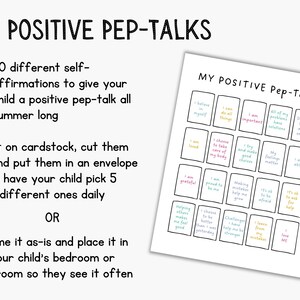 K&ouml;nnte beinhalten: Ein druckbarer Satz von 20 positiven Affirmationen f&uuml;r Kinder. Die Affirmationen sind auf wei&szlig;en Karten mit schwarzen R&auml;ndern und buntem Text gedruckt. Der Text enth&auml;lt S&auml;tze wie "Ich bin geliebt", "Ich bin dankbar", "Ich bin f&auml;hig" und "Ich liebe mich".