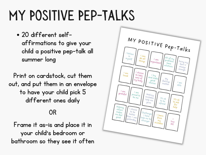 K&ouml;nnte beinhalten: Ein druckbarer Satz von 20 positiven Affirmationen f&uuml;r Kinder. Die Affirmationen sind auf wei&szlig;en Karten mit schwarzen R&auml;ndern und buntem Text gedruckt. Der Text enth&auml;lt S&auml;tze wie "Ich bin geliebt", "Ich bin dankbar", "Ich bin f&auml;hig" und "Ich liebe mich".