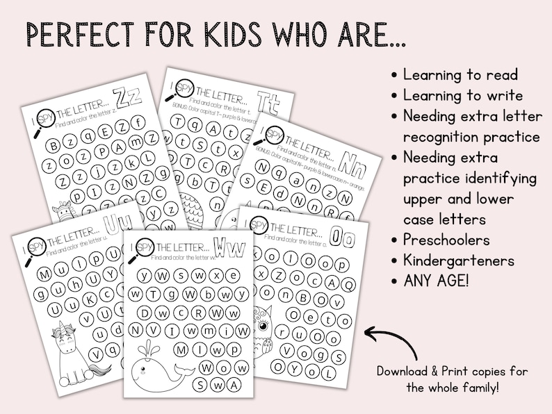 May include: Black and white printable worksheets for kids to practice identifying letters. Each worksheet features a different letter of the alphabet and a cute animal illustration. The worksheets are titled "I Spy the Letter..." and include instructions to find and color the letter.