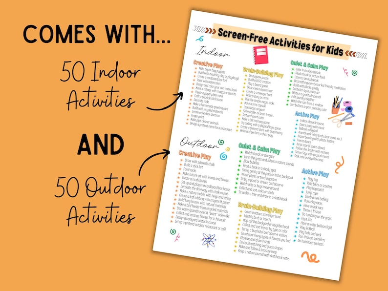 Op de afbeelding: Een lijst met 50 binnen- en 50 buitenspeelactiviteiten zonder scherm voor kinderen. De lijst staat op wit papier met kleurrijke illustraties en tekst. De achtergrond is effen oranje.