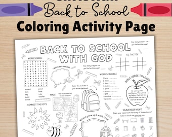Christian Back to School Coloring Placemat Printable, Bible Activity for Kids, Sunday School Printable, First Day of School Activity