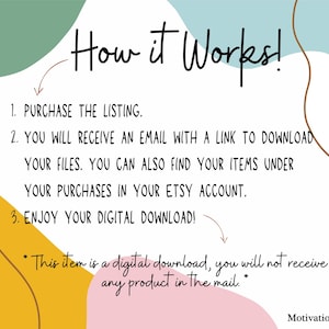 Op de afbeelding: Een digitale downloadafbeelding met de tekst "How it Works!" en instructies: Koop de aanbieding, ontvang een e-mail met een downloadlink en geniet van je digitale download. De tekst vermeldt ook dat er geen fysiek product per post wordt verzonden.