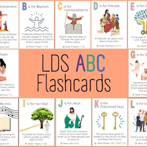 Può includere: Flashcard LDS ABC con illustrazioni colorate e testo. Ogni carta rappresenta una lettera dell'alfabeto e un concetto correlato, come A per Espiazione, B per Battesimo e C per Comandamenti. Le carte sono progettate per scopi educativi.