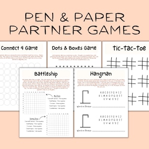 May include: A collection of pen and paper partner games, including Connect 4, Dots & Boxes, Tic-Tac-Toe, Battleship, and Hangman. The games are printed on white paper with black text and graphics. The image features game instructions and game boards.