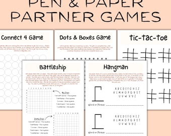Paquete de juegos imprimibles con lápiz y papel / 5 clásicos divertidos para niños / Tres en raya, Ahorcado, Conecta 4, Puntos y Cajas, Batalla Naval / Descargar PDF