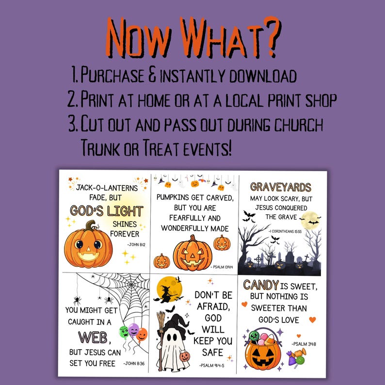 Puede incluir: Un imprimible morado con tem&aacute;tica de Halloween con el texto "Now What?" e instrucciones. Presenta ilustraciones de calabazas, un cementerio, una telara&ntilde;a y un fantasma, junto con vers&iacute;culos b&iacute;blicos.