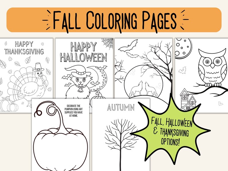 May include: Black and white coloring pages featuring fall, Halloween, and Thanksgiving themes.  The pages include images of a turkey, a cat wearing a witch's hat, a tree with wolves howling at the moon, an owl, and a pumpkin.