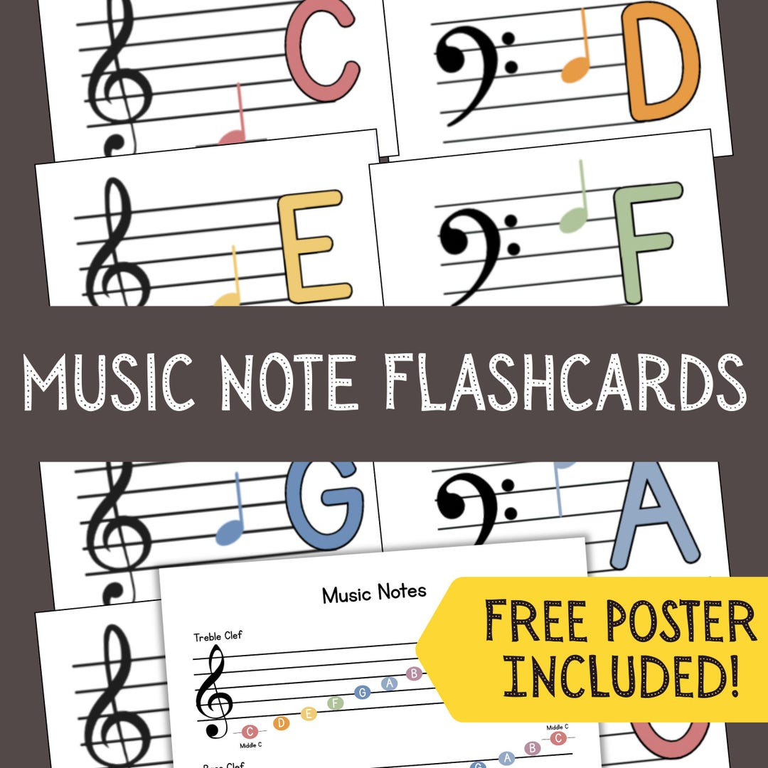 Printable Music Note Flashcards & Poster Set | Treble and Bass Clef ...