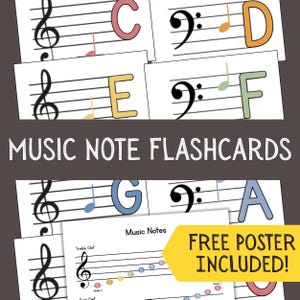 Op de afbeelding: Muzieknoten flashcards met gekleurde noten en letters op een witte achtergrond. De tekst "MUSIC NOTE FLASHCARDS" is zichtbaar. Een gele banner leest "FREE POSTER INCLUDED!"