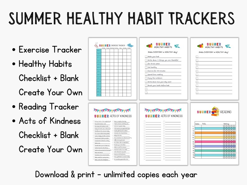K&ouml;nnte beinhalten: Ein Satz druckbarer Sommer-Gesundheits-Habit-Tracker. Die Tracker umfassen Bewegung, gesunde Gewohnheiten, Lesen und Freundlichkeit. Jeder Tracker hat eine Checkliste und eine leere Seite, um deine eigenen zu erstellen.