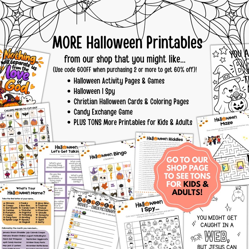 May include: A collection of Halloween-themed printable activity sheets featuring games like Bingo, I Spy, mazes, and riddles. The display includes text promoting shop items, a discount code, and various black and white illustrations of ghosts, pumpkins, and spider webs.