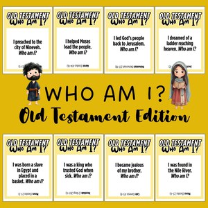 Puede incluir: Un conjunto de ocho tarjetas con el texto "Antiguo Testamento ¿Quién soy yo?" sobre un fondo amarillo. Cada tarjeta presenta una pregunta y una respuesta, con ilustraciones de figuras bíblicas. Las tarjetas son para fines educativos.