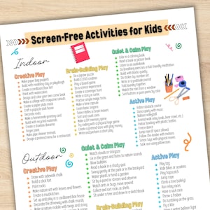 Op de afbeelding: Een bedrukt vel met de titel "Schermvrije activiteiten voor kinderen" met lijsten van binnen-, buiten- en hersenopbouwende activiteiten. De pagina bevat kleurrijke illustraties en tekst, met idee&euml;n voor creatief, rustig en actief spelen.