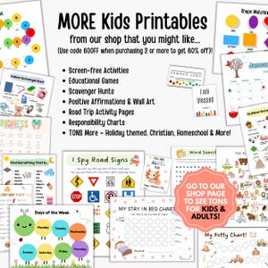 Puede incluir: Una colecci&oacute;n de actividades imprimibles para ni&ntilde;os, que incluyen b&uacute;squedas del tesoro y juegos educativos. La imagen presenta varias hojas coloridas con texto como "MORE Kids Printables" e "I Spy Road Signs."