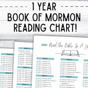 Könnte beinhalten: Ein gedrucktes Lesediagramm für das Buch Mormon, entworfen für einen Jahresplan. Das Diagramm zeigt eine wöchentliche Aufschlüsselung der Lesungen mit dem Titel "1 YEAR BOOK OF MORMON READING CHART!" in großen, fetten Buchstaben. Der Text "Read the Bible In A Year" ist ebenfalls vorhanden.