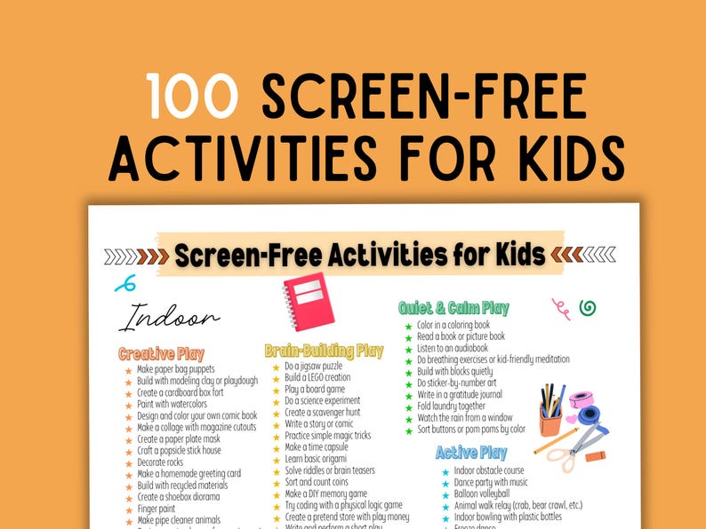 Op de afbeelding: Een poster met de titel "100 Schermvrije Activiteiten voor Kinderen" toont verschillende binnenactiviteiten. Categorie&euml;n zijn creatief spelen, hersenspel, rustig & kalm spelen en actief spelen. Een rode notitieboek-afbeelding is inbegrepen.
