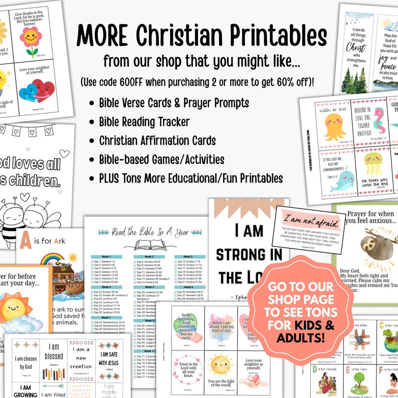 Puede incluir: Una colecci&oacute;n de imprimibles cristianos con varios dise&ntilde;os, incluyendo tarjetas de vers&iacute;culos b&iacute;blicos, indicaciones de oraci&oacute;n y tarjetas de afirmaci&oacute;n. La imagen presenta el texto "MORE Christian Printables" y "GO TO OUR SHOP PAGE TO SEE TONS FOR KIDS & ADULTS!"