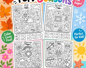 Printable Four Seasons I Spy Coloring Pages | Fall Winter Spring Summer Activities | Seasons & Weather Worksheets for Kids | Preschool Games