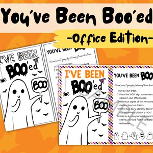 May include: A printable Halloween office game set featuring the text You've Been Boo'ed Office Edition. The cards display a cartoon ghost holding a sign that says BOO, surrounded by bats and a small witch hat, with instructions for coworkers.