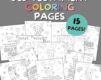 Puede incluir: Un conjunto de 15 páginas para colorear del Antiguo Testamento. Cada página presenta un animal diferente sosteniendo un globo, con versículos bíblicos y elementos decorativos. Las palabras "Old Testament Coloring Pages" están en la parte superior.