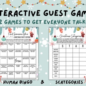 Puede incluir: Dos juegos de fiesta de Navidad imprimibles: Bingo humano y Categor&iacute;as navide&ntilde;as. La tarjeta de Bingo humano tiene un espacio libre y casillas con indicaciones como "Conoce todas las palabras de Jingle Bells" y "Prefiere conducir que recibir regalos". El juego de Categor&iacute;as navide&ntilde;as tiene una cuadr&iacute;cula con categor&iacute;as como "Comida de la cena de Navidad", "Actividad navide&ntilde;a" y "Pel&iacute;cula navide&ntilde;a".