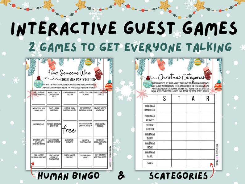 Puede incluir: Dos juegos de fiesta de Navidad imprimibles: Bingo humano y Categor&iacute;as navide&ntilde;as. La tarjeta de Bingo humano tiene un espacio libre y casillas con indicaciones como "Conoce todas las palabras de Jingle Bells" y "Prefiere conducir que recibir regalos". El juego de Categor&iacute;as navide&ntilde;as tiene una cuadr&iacute;cula con categor&iacute;as como "Comida de la cena de Navidad", "Actividad navide&ntilde;a" y "Pel&iacute;cula navide&ntilde;a".