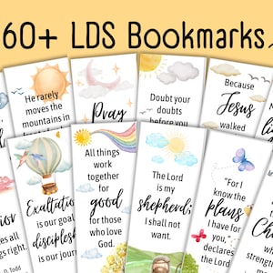 Puede incluir: Una colección de más de 60 marcadores LDS con citas inspiradoras e ilustraciones en acuarela. Cada marcador presenta mensajes edificantes, soles, arcoíris y nubes. El texto "60+ LDS Bookmarks" está en la parte superior.