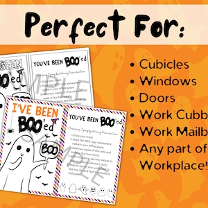 May include: A printable Halloween game set featuring two cards with ghost illustrations and the text I'VE BEEN BOO'ED and YOU'VE BEEN BOO'ED. The cards include instructions for a workplace game, surrounded by a list of locations like Cubicles and Windows.