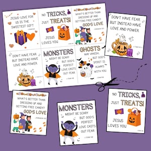 Puede incluir: Tarjetas imprimibles con tem&aacute;tica de Halloween con mensajes religiosos. Las tarjetas presentan ilustraciones de calabazas, fantasmas y ni&ntilde;os disfrazados, junto con frases como "&iexcl;Sin trucos, solo golosinas!" y vers&iacute;culos b&iacute;blicos.