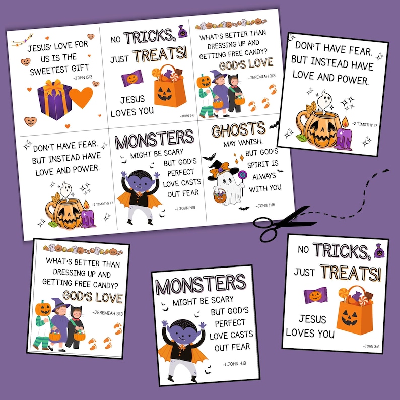 Puede incluir: Tarjetas imprimibles con tem&aacute;tica de Halloween con mensajes religiosos. Las tarjetas presentan ilustraciones de calabazas, fantasmas y ni&ntilde;os disfrazados, junto con frases como "&iexcl;Sin trucos, solo golosinas!" y vers&iacute;culos b&iacute;blicos.