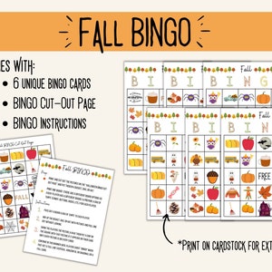 May include: A set of six printable fall-themed bingo cards with images of pumpkins, owls, spiders, and other fall icons. The cards are designed for a game of bingo and include a cut-out page and instructions. The text on the cards reads "Fall Bingo".
