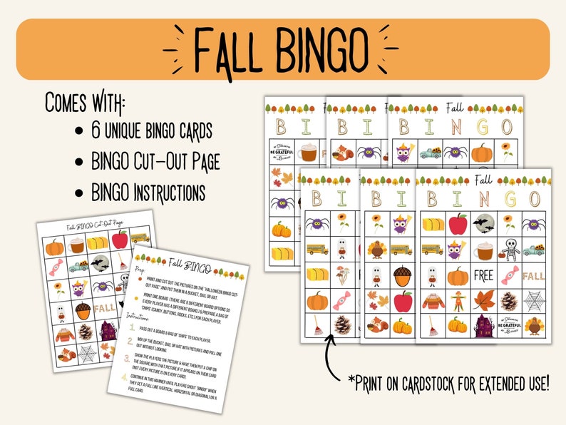 May include: A set of six printable fall-themed bingo cards with images of pumpkins, owls, spiders, and other fall icons. The cards are designed for a game of bingo and include a cut-out page and instructions. The text on the cards reads "Fall Bingo".