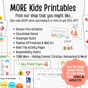 Op de afbeelding: Een kleurrijke afbeelding met diverse printbare activiteiten voor kinderen, waaronder speurtochten en educatieve spellen. De tekst bevat "MORE Kids Printables" en "GO TO OUR SHOP PAGE TO SEE TONS FOR KIDS & ADULTS!"