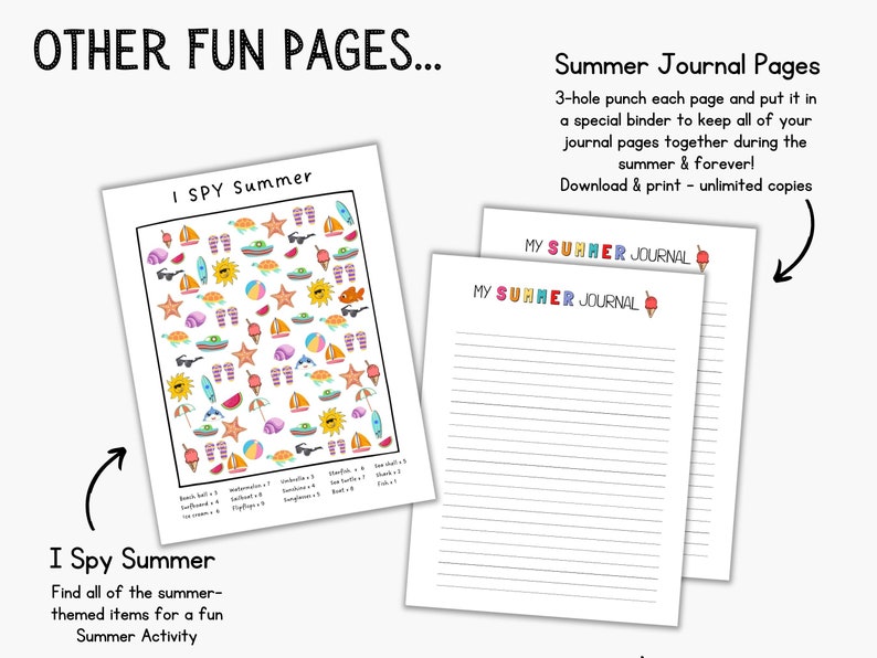 K&ouml;nnte beinhalten: Druckbare Sommer-Tagebuchseiten mit dem Titel "Mein Sommertagebuch" und einer niedlichen Eiswaffel-Illustration. Die Seiten sind liniert zum Schreiben. Es gibt auch eine druckbare "Ich sehe den Sommer"-Seite mit einem Raster von sommerlichen Bildern zum Finden.