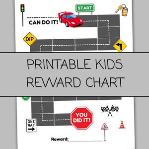 Peut inclure: Un tableau de récompenses imprimable pour enfants sur le thème des voitures de course. Le tableau présente une voiture rouge, des panneaux routiers et les textes "CAN DO IT!" et "YOU DID IT!". Comprend un espace pour les récompenses.