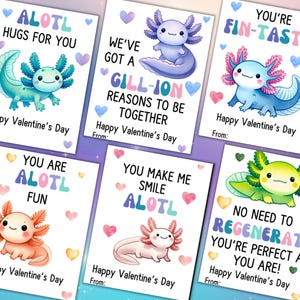 Axolotl Valentine&#39;s Printable | Super Cute Axolotl Themed Valentine Cards for Kids Class Valentine&#39;s Day Parties | Printable Valentines