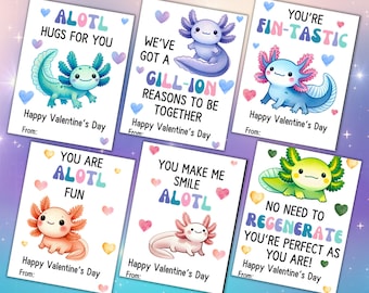 Axolotl Valentine&#39;s Printable | Super Cute Axolotl Themed Valentine Cards for Kids Class Valentine&#39;s Day Parties | Printable Valentines