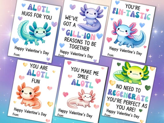 Axolotl Valentine's Printable | Super Cute Axolotl Themed Valentine Cards for Kids Class Valentine's Day Parties | Printable Valentines