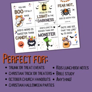 Puede incluir: Un conjunto de tarjetas con tem&aacute;tica de Halloween con citas e ilustraciones inspiradoras. Las tarjetas presentan frases como "Eres maravillosamente hecho" y "Jes&uacute;s es la luz en la oscuridad". Ideal para eventos de Trunk or Treat.