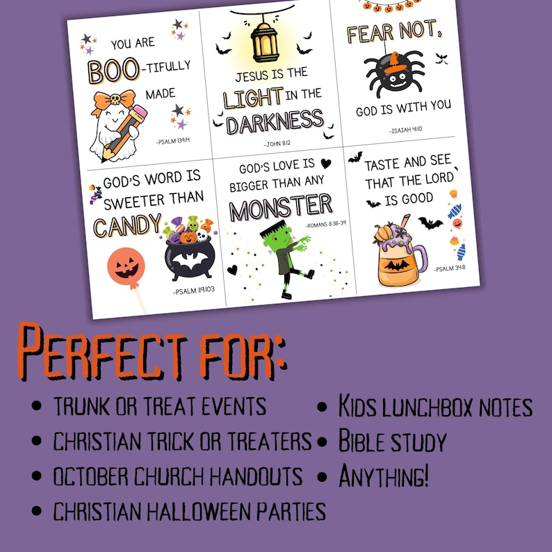 Puede incluir: Un conjunto de tarjetas con tem&aacute;tica de Halloween con citas e ilustraciones inspiradoras. Las tarjetas presentan frases como "Eres maravillosamente hecho" y "Jes&uacute;s es la luz en la oscuridad". Ideal para eventos de Trunk or Treat.