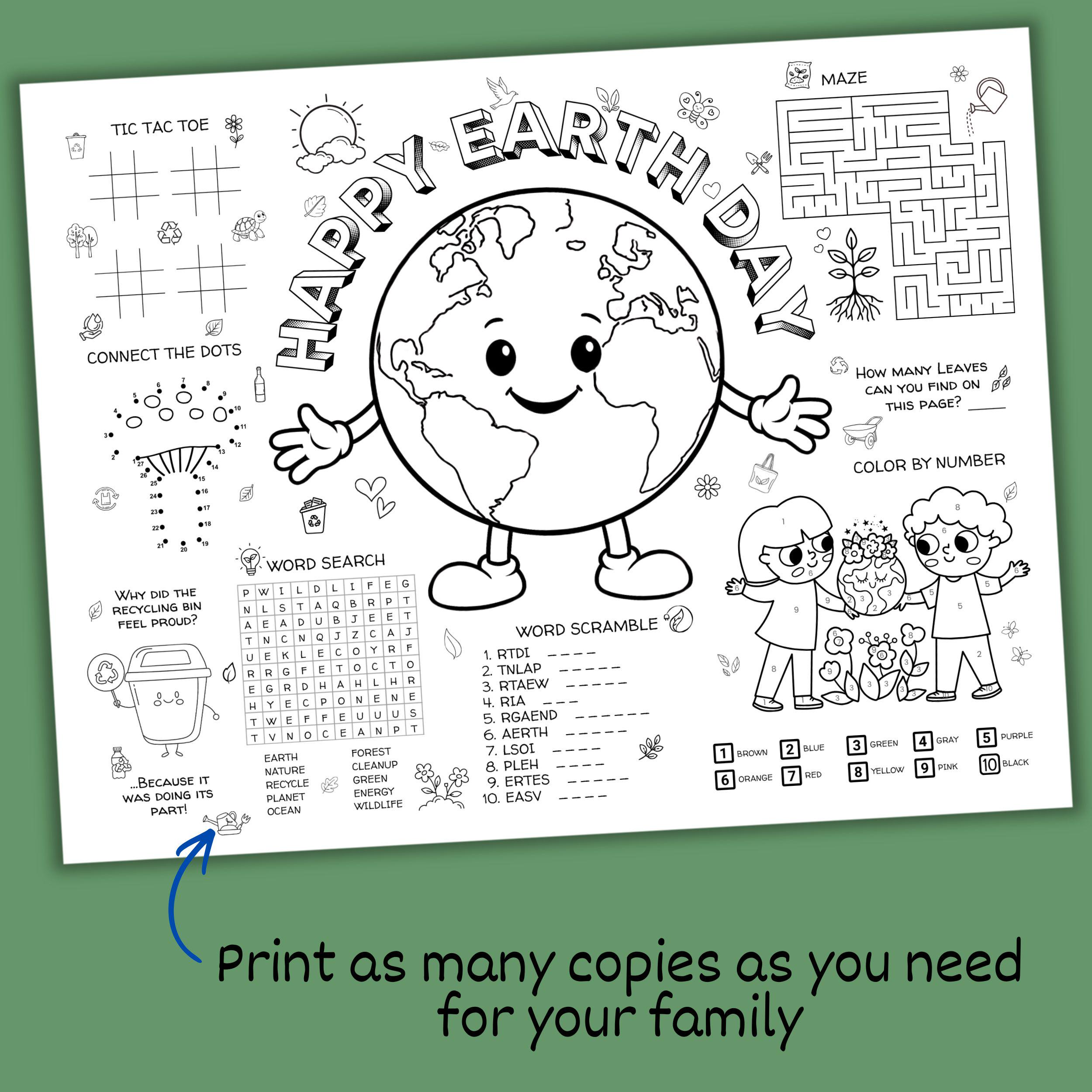 Earth Day Coloring Placemat Printable | Kids Activity Placemat | Earth ...
